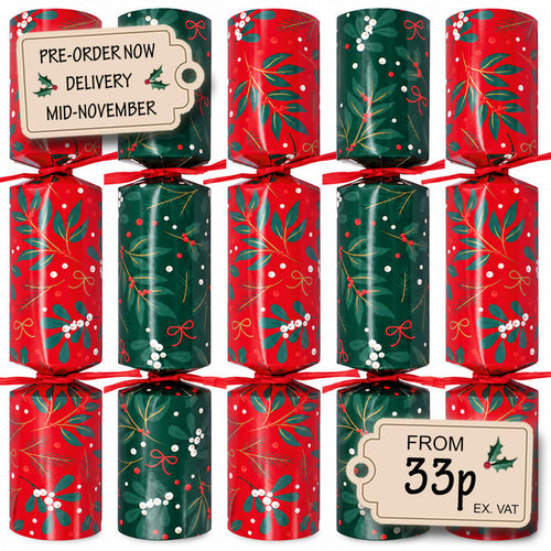 100 x Christmas Crackers Eco-Friendly Festive Berries Red & Green - 10" - Bulk Pack