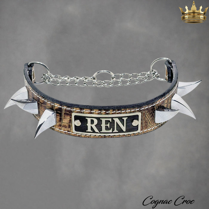 1.5" Wide Spiked Leather Martingale Dog Collar | Dragon Claw Spikes | Engraved Name Plate