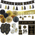 A collection of party decorations themed around the 1920s Gatsby era, featuring black and gold colors with elements such as fan decorations, honeycomb balls, tassel garlands, and Happy New Year banners.