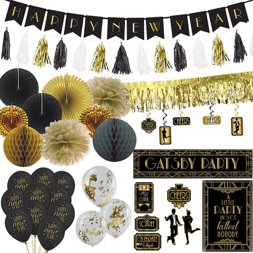 A collection of party decorations themed around the 1920s Gatsby era, featuring black and gold colors with elements such as fan decorations, honeycomb balls, tassel garlands, and Happy New Year banners.