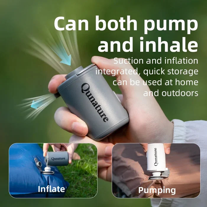 Hand holding a Qunature device with text about its functions on a green background