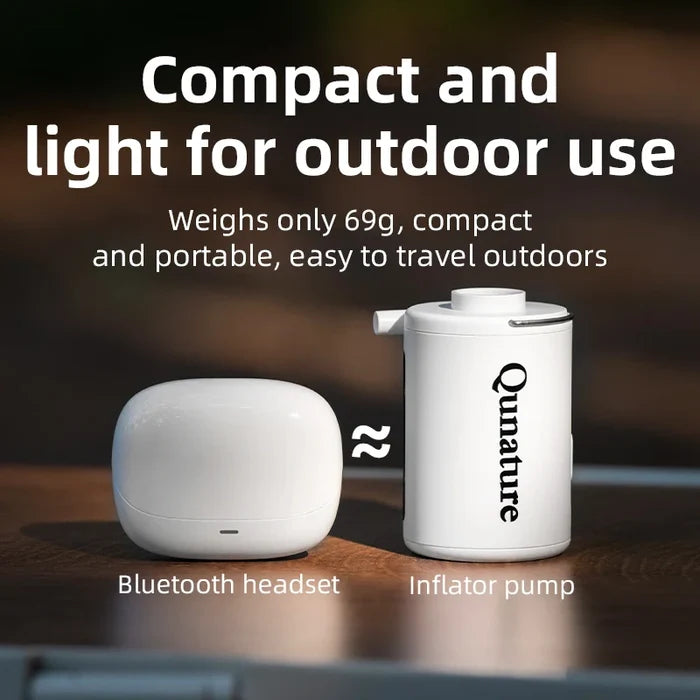 Two white devices, a Bluetooth headset and an inflator pump, on a wooden surface with text highlighting their compactness and portability.