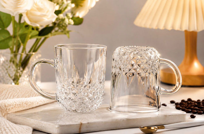 6-Piece Crystal-Cut Glass Coffee & Tea Mug Set – Elegant Clear Cups with Handles