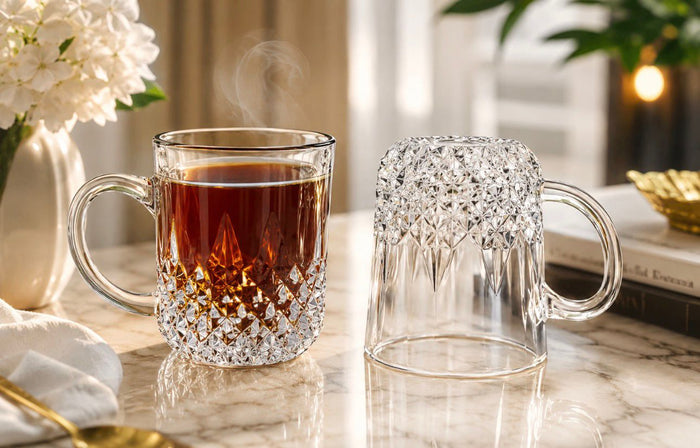 6-Piece Crystal-Cut Glass Coffee & Tea Mug Set – Elegant Clear Cups with Handles
