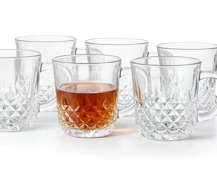 6-Piece Crystal-Cut Glass Coffee & Tea Mug Set – Elegant Clear Cups with Handles
