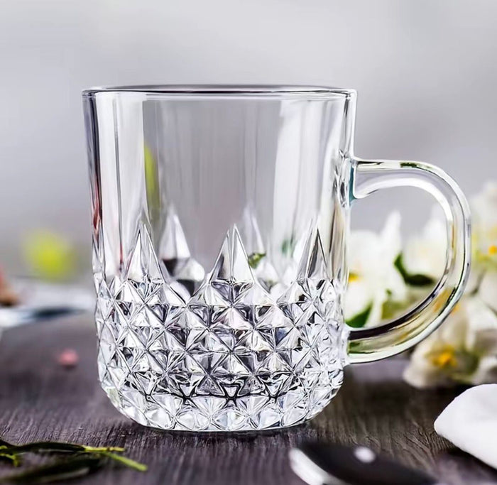 6-Piece Crystal-Cut Glass Coffee & Tea Mug Set – Elegant Clear Cups with Handles