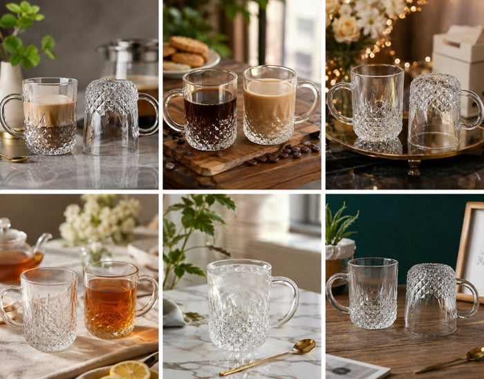 6-Piece Crystal-Cut Glass Coffee & Tea Mug Set – Elegant Clear Cups with Handles