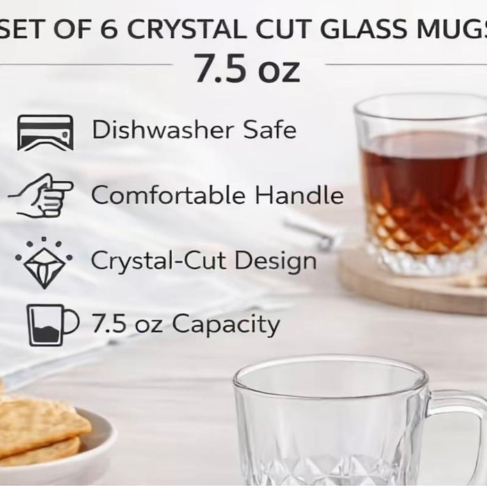 6-Piece Crystal-Cut Glass Coffee & Tea Mug Set – Elegant Clear Cups with Handles