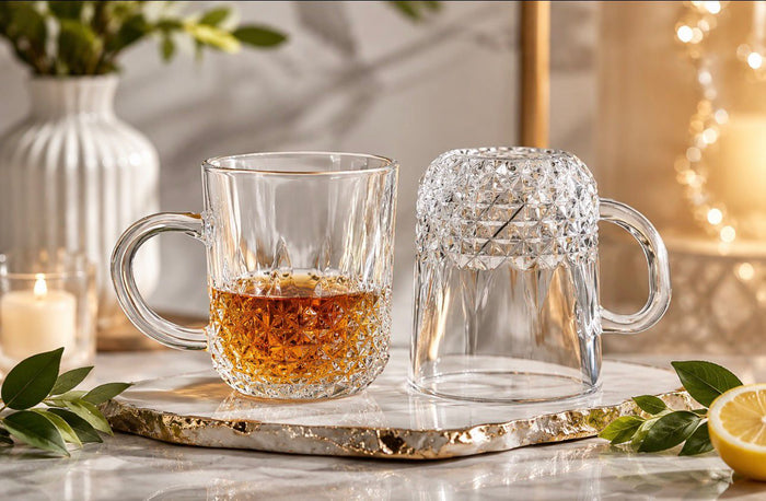 6-Piece Crystal-Cut Glass Coffee & Tea Mug Set – Elegant Clear Cups with Handles