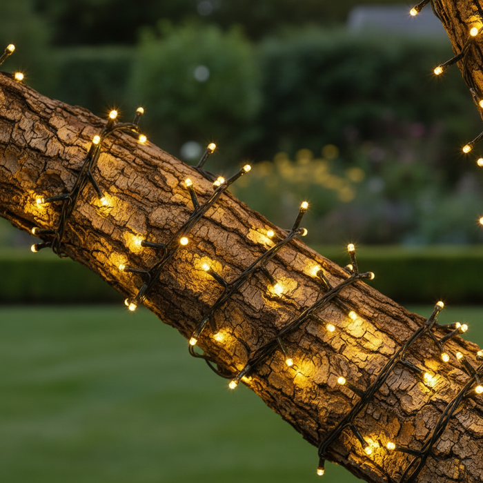 Warm White Fairy Lights Wrapped Around Tree in British Garden