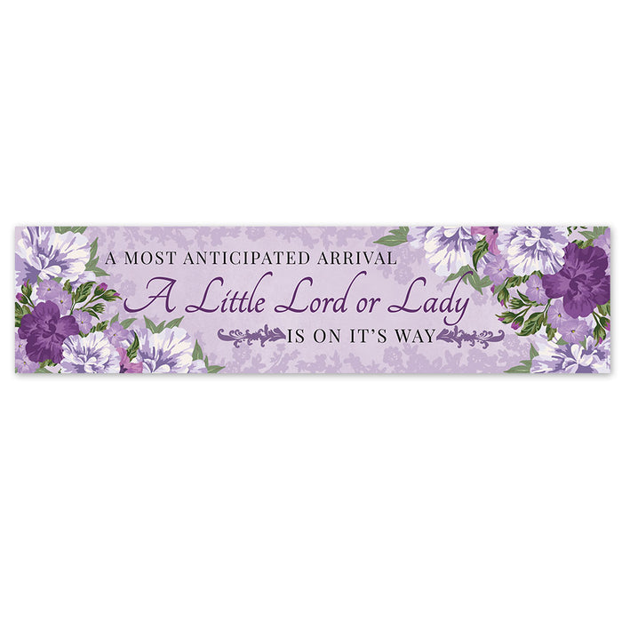 Baby shower banner with floral design and text on a white background