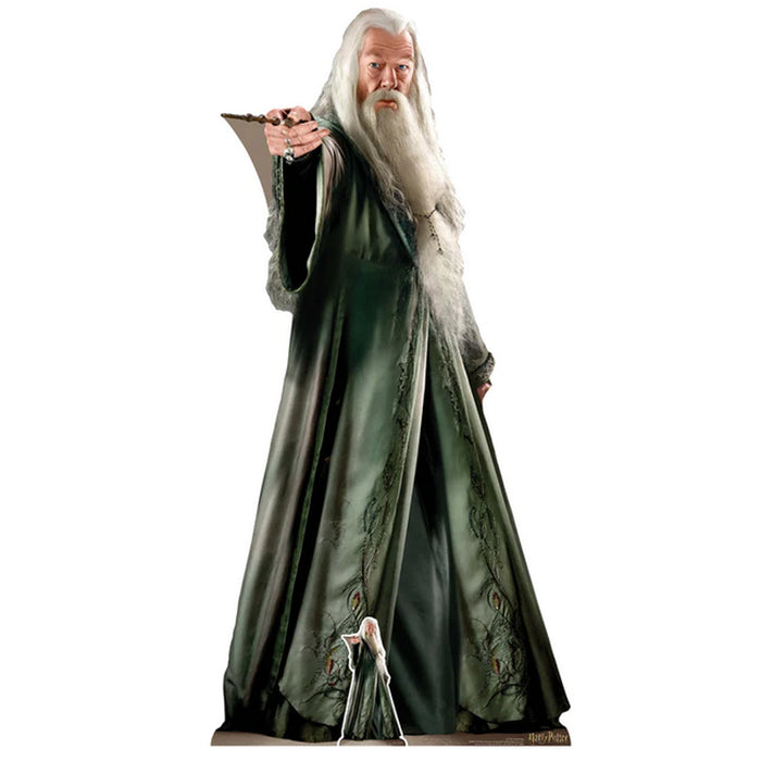 Lifelike cardboard cutout of Albus Dumbledore from the Harry Potter series, featuring the character in his iconic long gray robes.