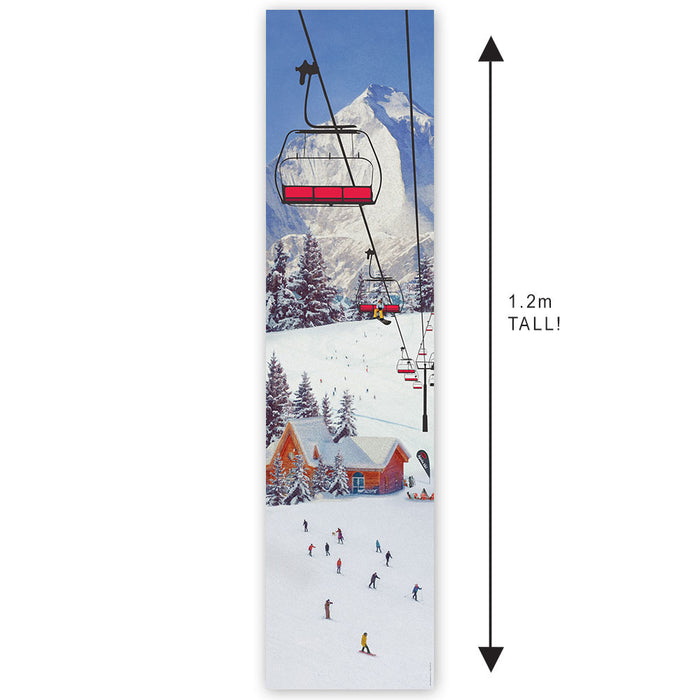 Ski with a winter scene printed on it, showing a ski lift and snowy landscape.