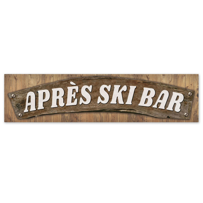Wooden sign with 'APRèS SKI BAR' text on a white background