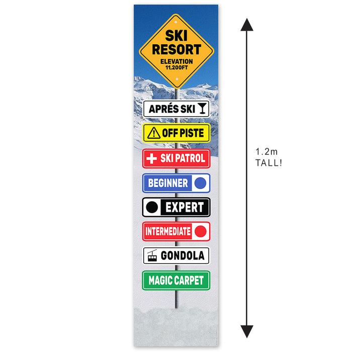 Collection of ski resort signs with various symbols and text on a white background