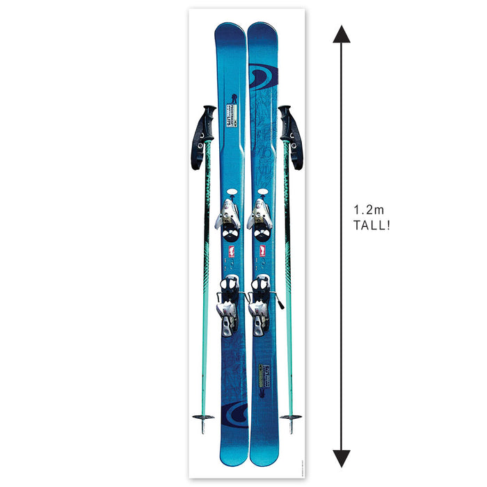 Blue skis with bindings and poles on a white background, labeled '1.2m tall'.