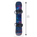 Colorful snowboard with bindings on a white background, showing its height.