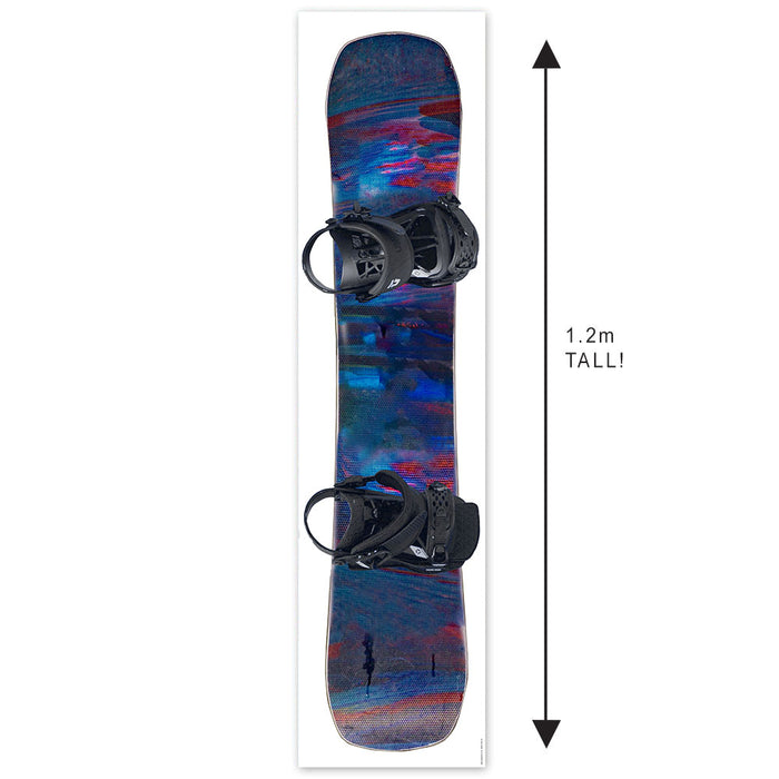 Colorful snowboard with bindings on a white background, showing its height.
