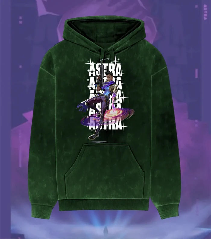 Astra – Cosmic Vision Valorant Acid Wash Hoodie | Premium Gamer Streetwear - Bottle Green / XS - Valorant
