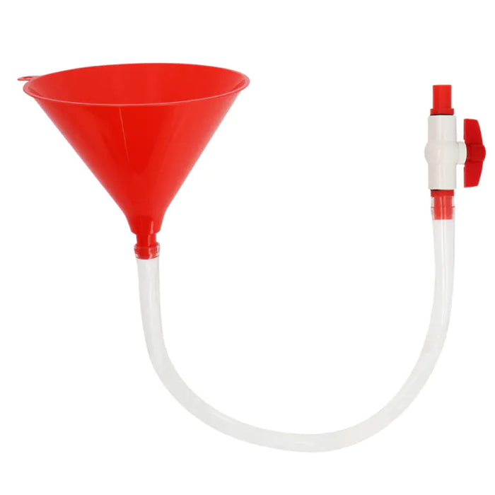 Red funnel with a white hose and red valve on a white background