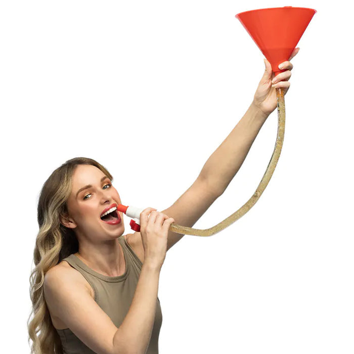 Woman holding a red plastic funnel with a long string over her mouth on a white background
