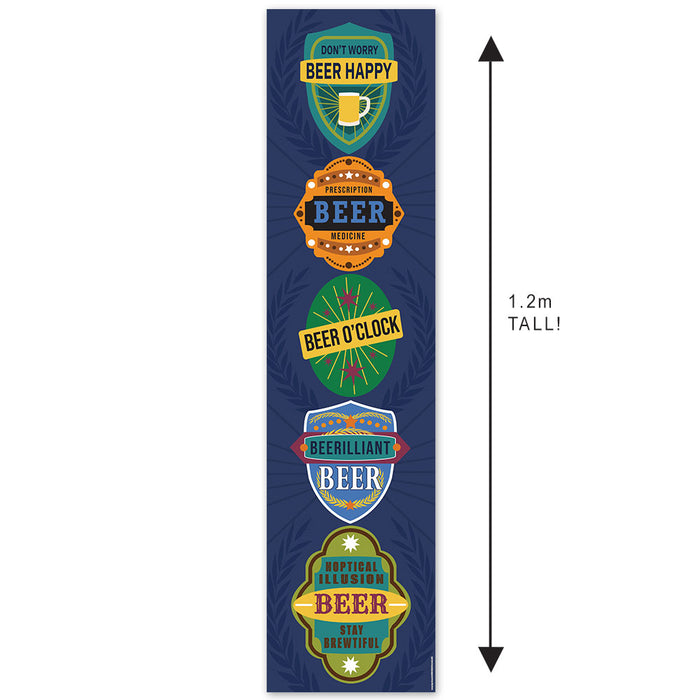 A vertical paper banner with various beer-themed phrases and logos, predominantly in shades of blue, intended for beer-related celebrations.