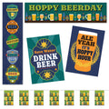A collection of beer-themed paper decorations including banners, posters, and bunting with various beer label inspired designs in vibrant colors.