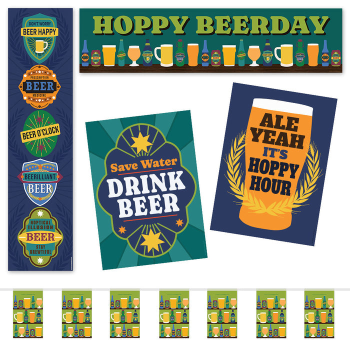 A collection of beer-themed paper decorations including banners, posters, and bunting with various beer label inspired designs in vibrant colors.