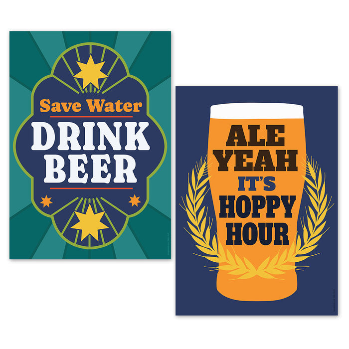 Two A3 beer-themed posters, one with text 'Save Water DRINK BEER' and stars, and the other featuring a beer mug with 'ALE YEAH IT'S HOPPY HOUR' and hop leaves.