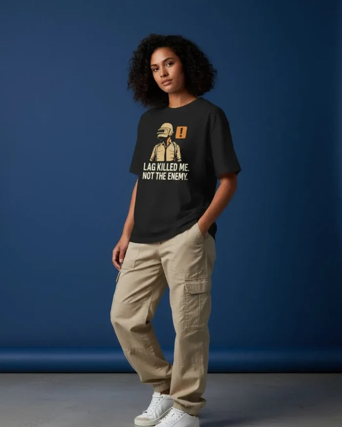BGMI Lag Killed Me Oversized T-Shirt – Server Lag Meme Tee | 240 GSM Heavyweight Gamer Tee - Black / XS / 180GSM