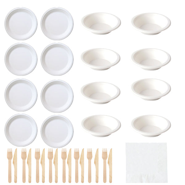 A set of white bio-degradable tableware including plates, bowls, and cutlery kits displayed on a white background.