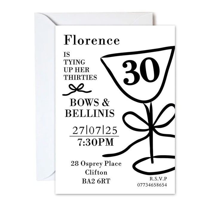 Invitation card with text and a glass design on a white background