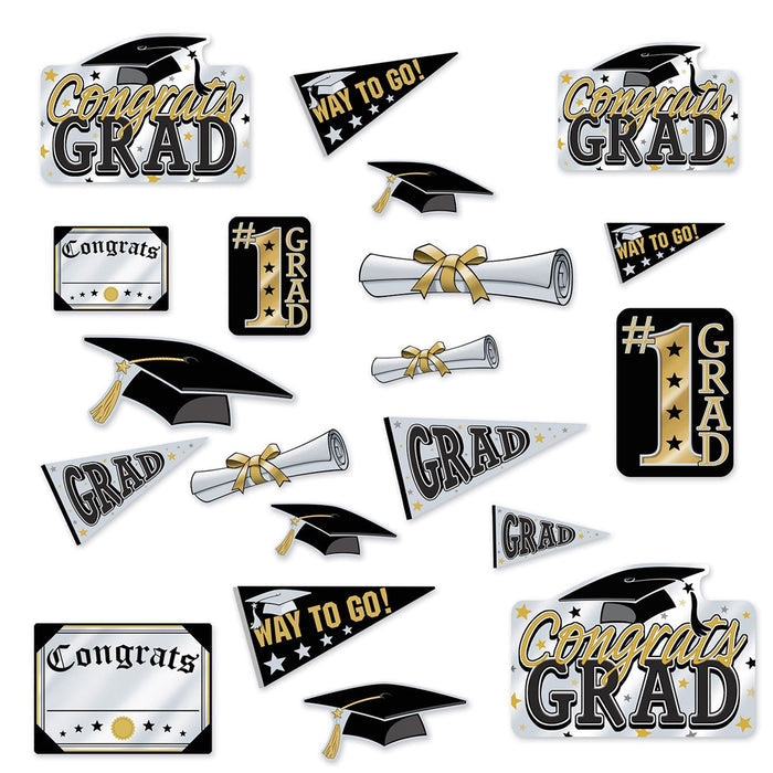 A set of black and gold graduation card cutouts with various designs including graduation caps, diplomas, and congratulatory phrases.