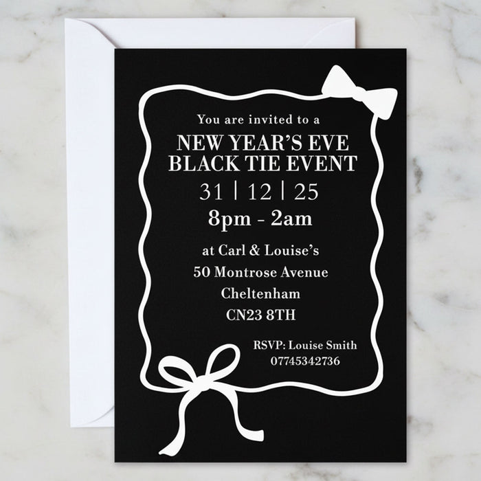 Black and White Bows and Ties Personalised Party Invitations - Pack of 16