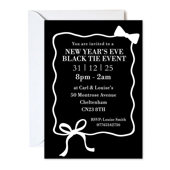 Black and white New Year's Eve black tie event invitation with decorative bows.