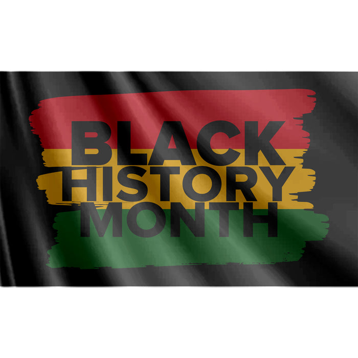 Flag with 'Black History Month' text in the colors of the Pan-African flag.