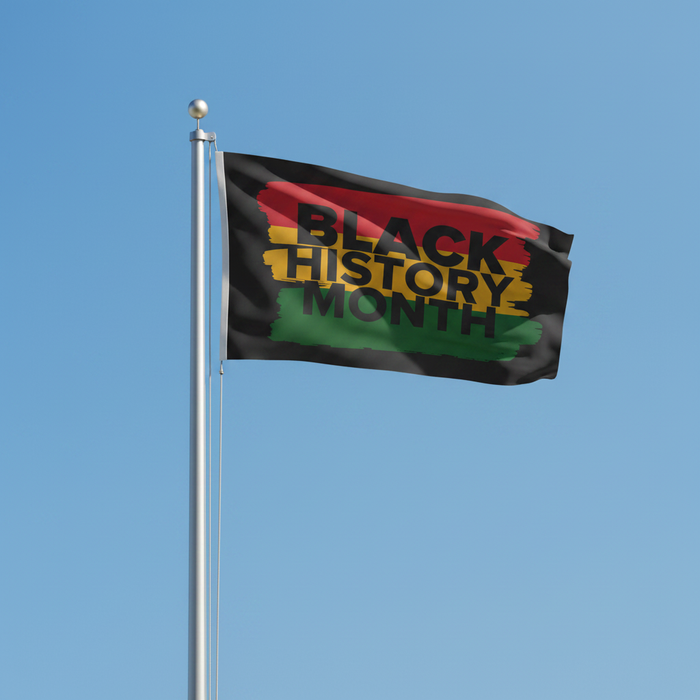 Black History Month Flag on Pole Blue Sky