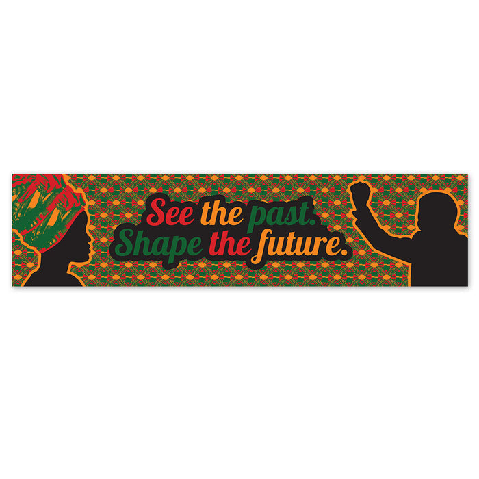 Decorative banner with text 'See the past. Shape the future.' and silhouettes on a patterned background.