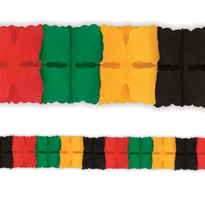 A garland made of black, yellow, green, and red tissue paper, featuring a pattern of alternating colors.