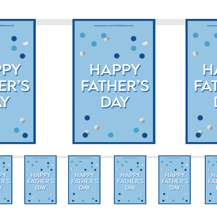 A paper bunting decoration with blue background and white text reading 'HAPPY FATHER'S DAY'. The decoration is adorned with blue and white dots.