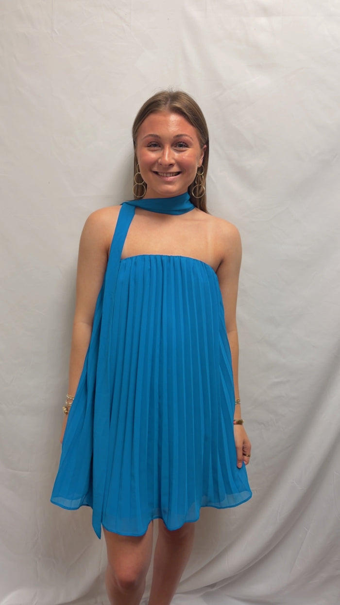 Blue Pleaded Neck Wrap Dress