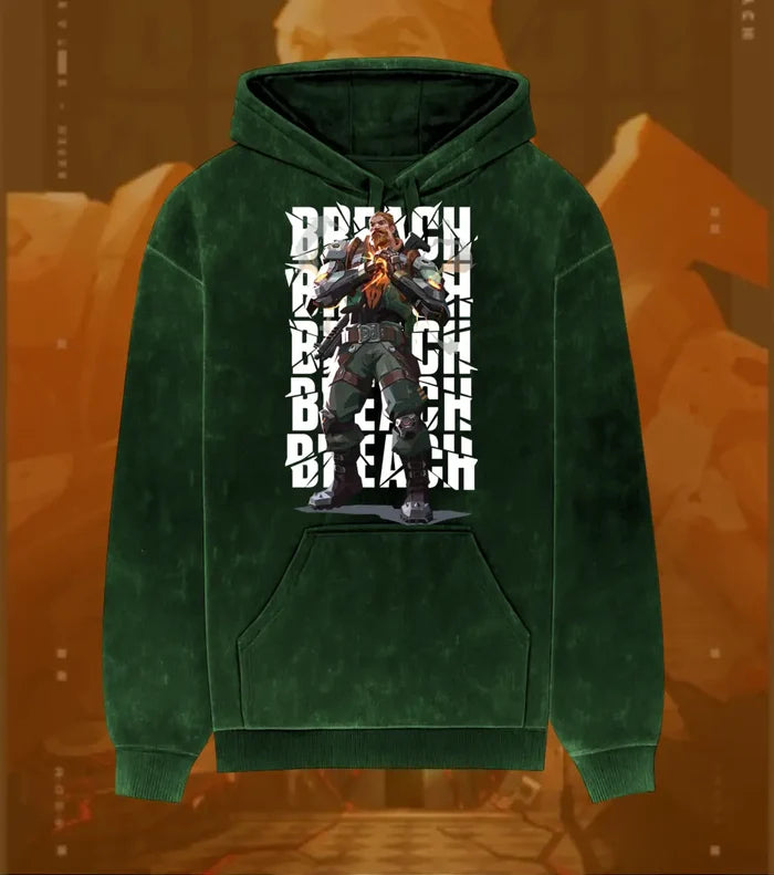 Breach – Earthshaker Valorant Acid Wash Hoodie | Premium Gamer Streetwear - Bottle Green / XS - Valorant