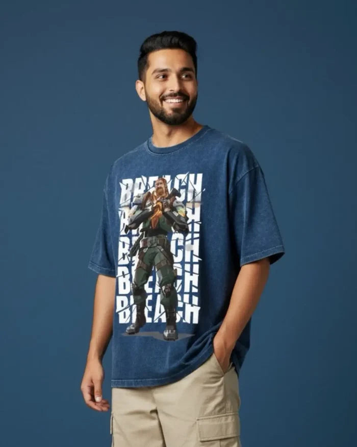 Breach – Earthshaker Valorant Acid Wash Tee | Bold Gamer Streetwear - Navy / XS - Valorant