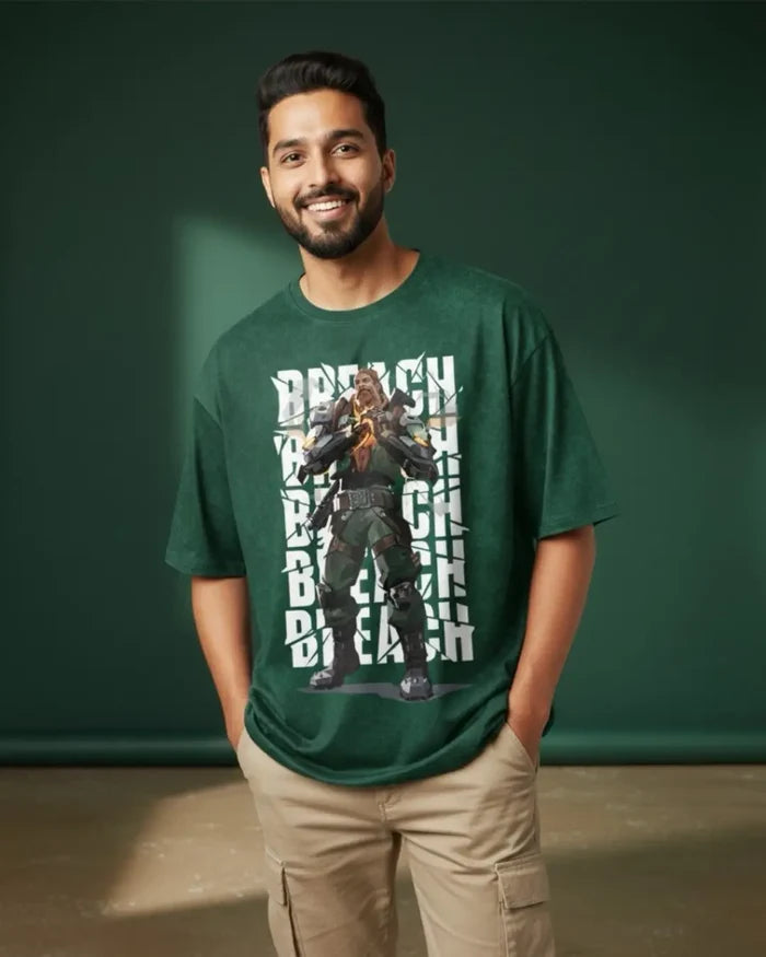 Breach – Earthshaker Valorant Acid Wash Tee | Bold Gamer Streetwear - Bottle Green / XS - Valorant