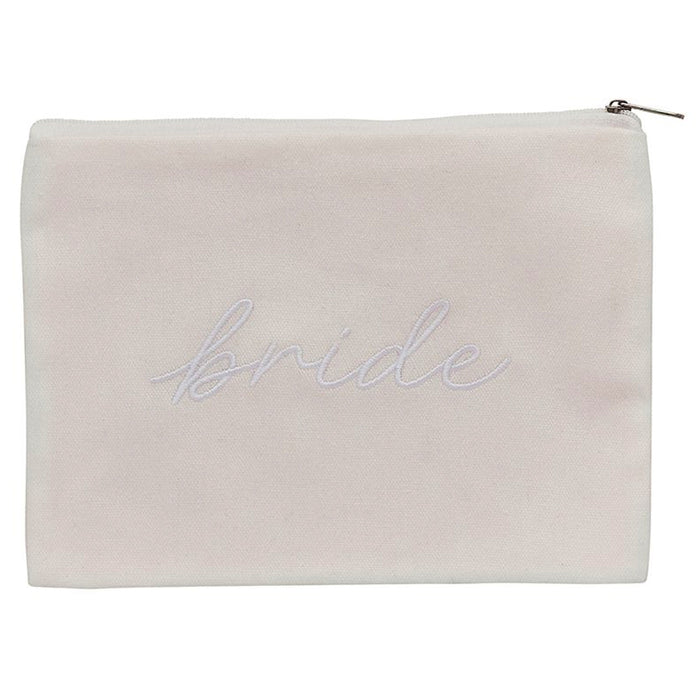 Beige pouch with 'bride' embroidery on a white background