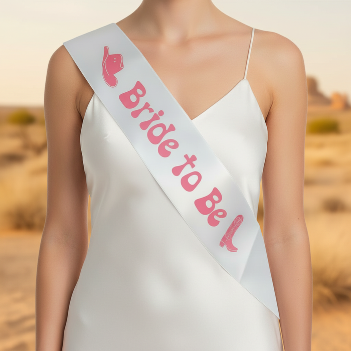Bride to Be Cowgirl Sash White Slip Dress Desert Background