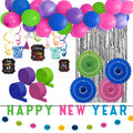 A colorful assortment of New Year's Eve party decorations including balloons, streamers, fans, and 'Happy New Year' banners in various colors such as blue, green, purple, and pink.