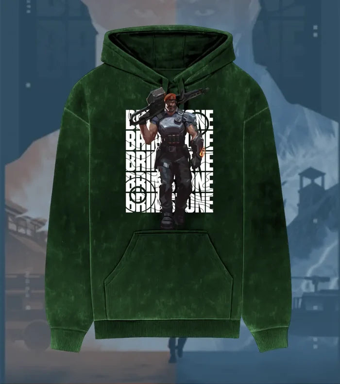 Brimstone – Commanding Fire Valorant Acid Wash Hoodie | Premium Gamer Streetwear - Bottle Green / XS - Valorant