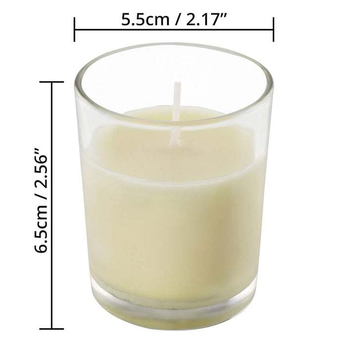 Glass candle with dimensions labeled on a white background