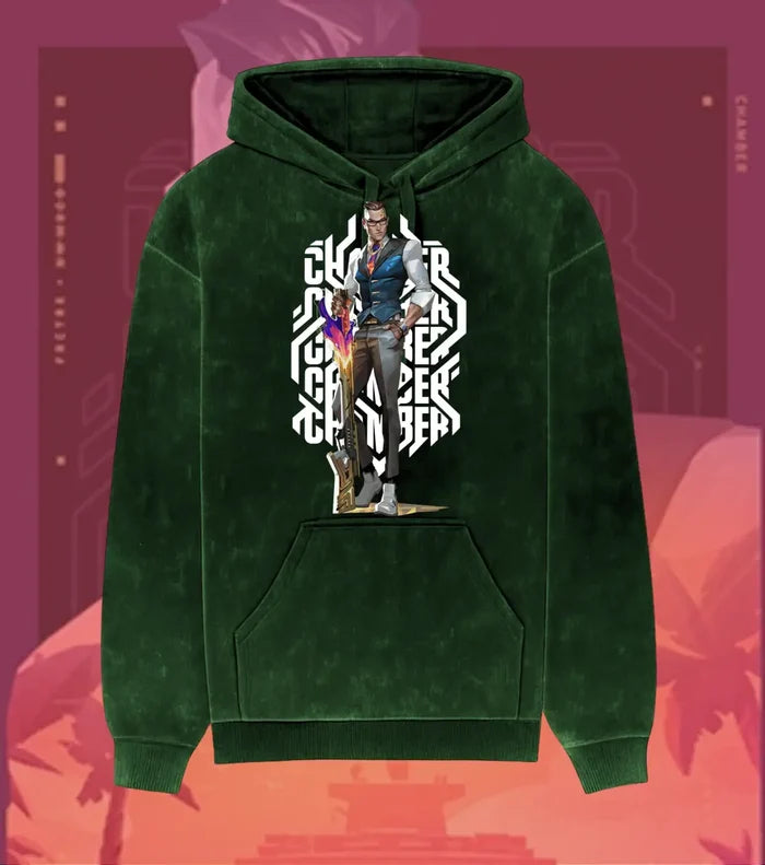 Chamber – Deadly Elegance Valorant Acid Wash Hoodie | Premium Gamer Streetwear - Bottle Green / XS - Valorant
